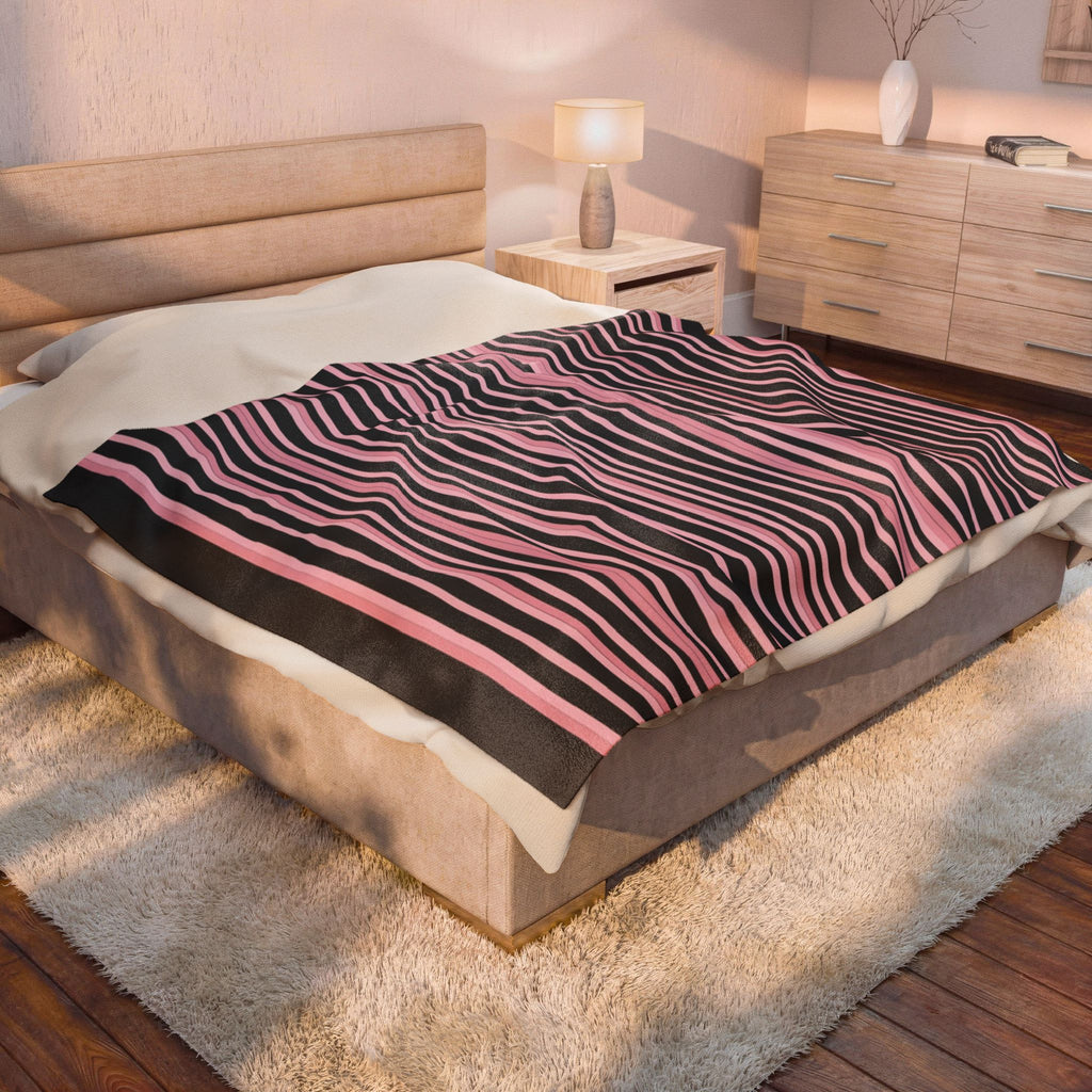 Pink & Black Striped Plush Blanket — Cozy Velveteen Throw for Home, Bedroom, Nursery