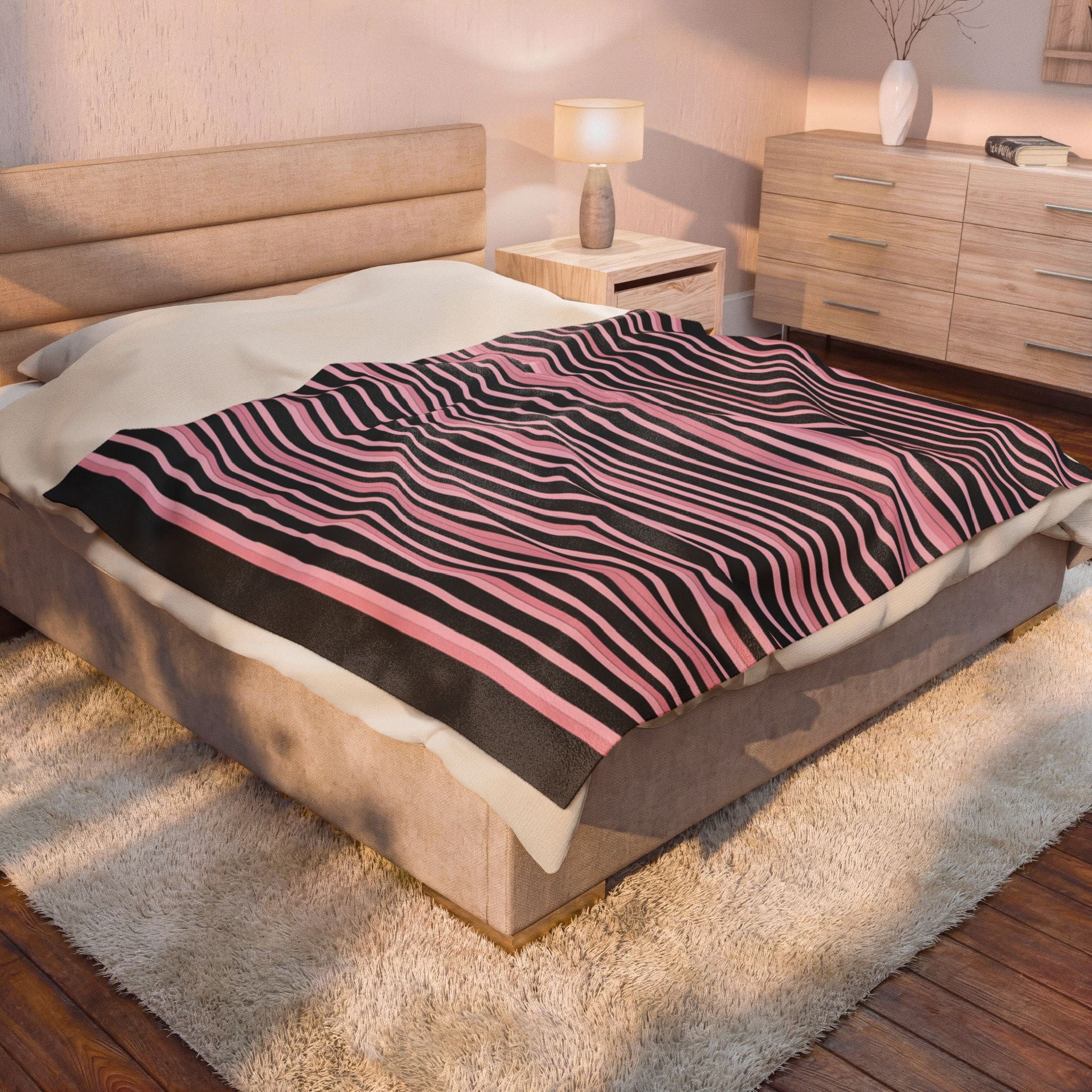 Pink & Black Striped Plush Blanket — Cozy Velveteen Throw for Home, Bedroom, Nursery
