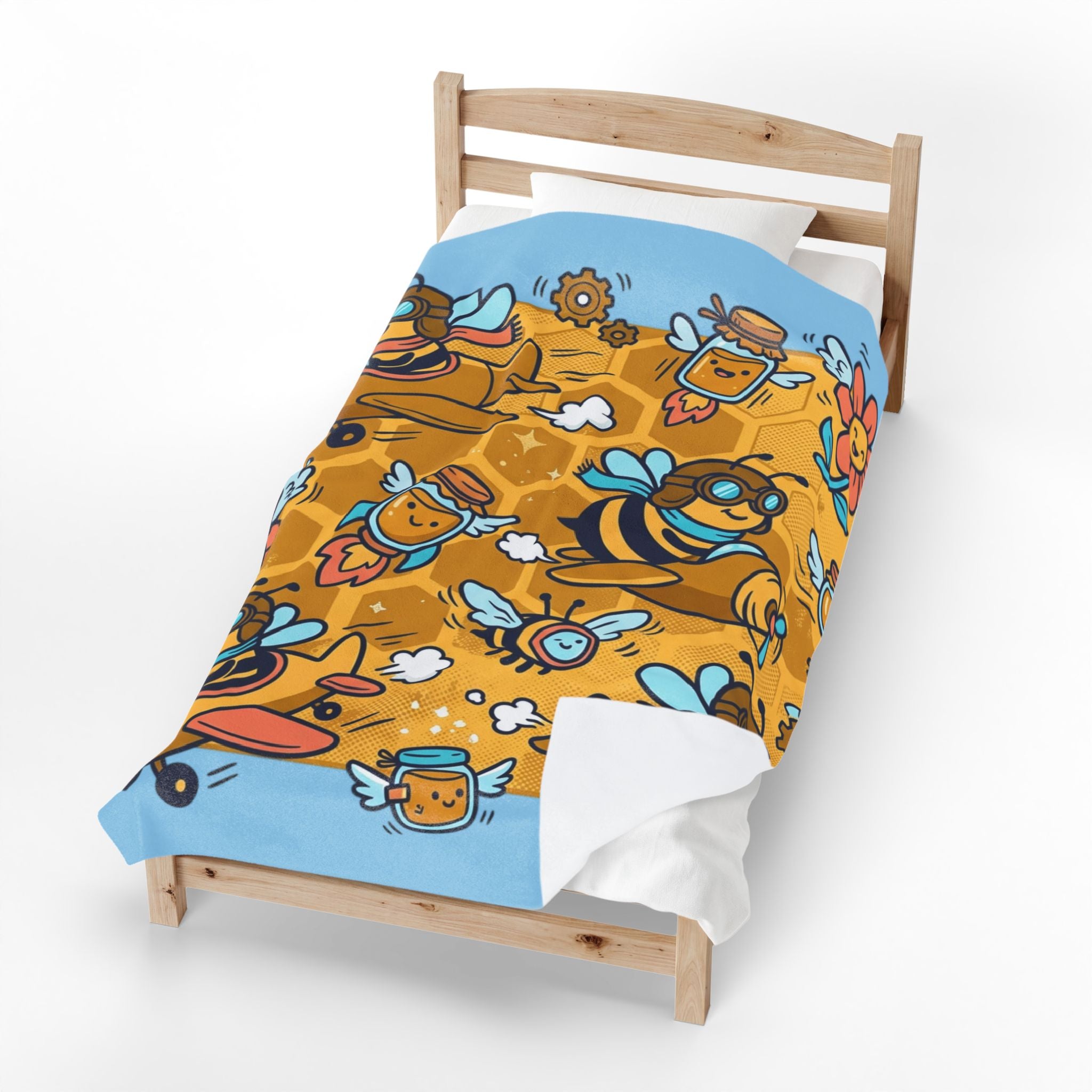 Plush Blanket — Cute Bee & Honey Cartoon Velveteen Throw