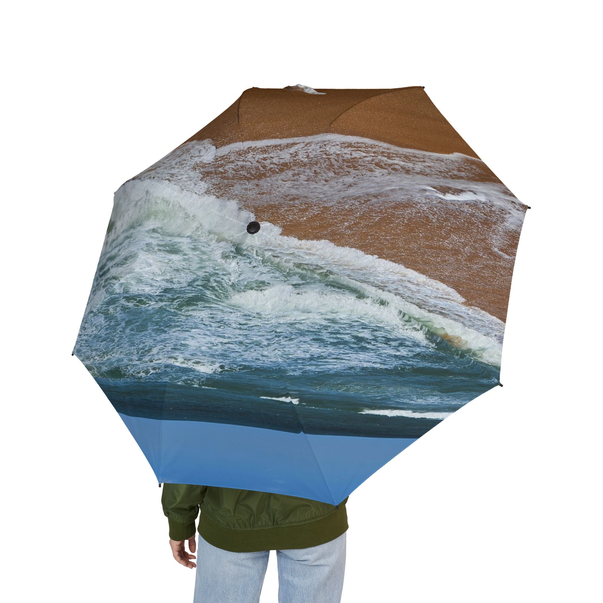 Foldable Semi-Automatic Umbrella — Elegant Teal Swirl Pattern, Compact Travel Rain Umbrella