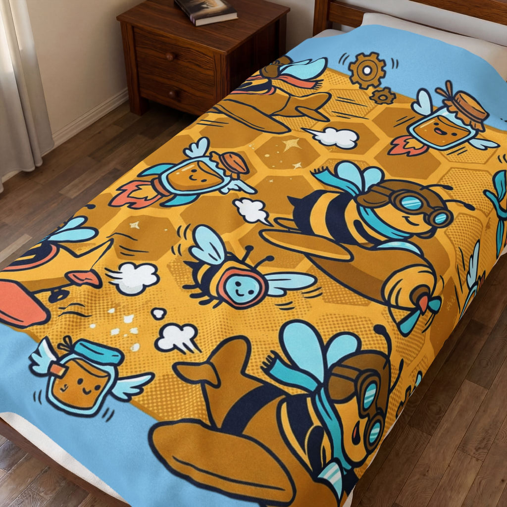 Plush Blanket — Cute Bee & Honey Cartoon Velveteen Throw