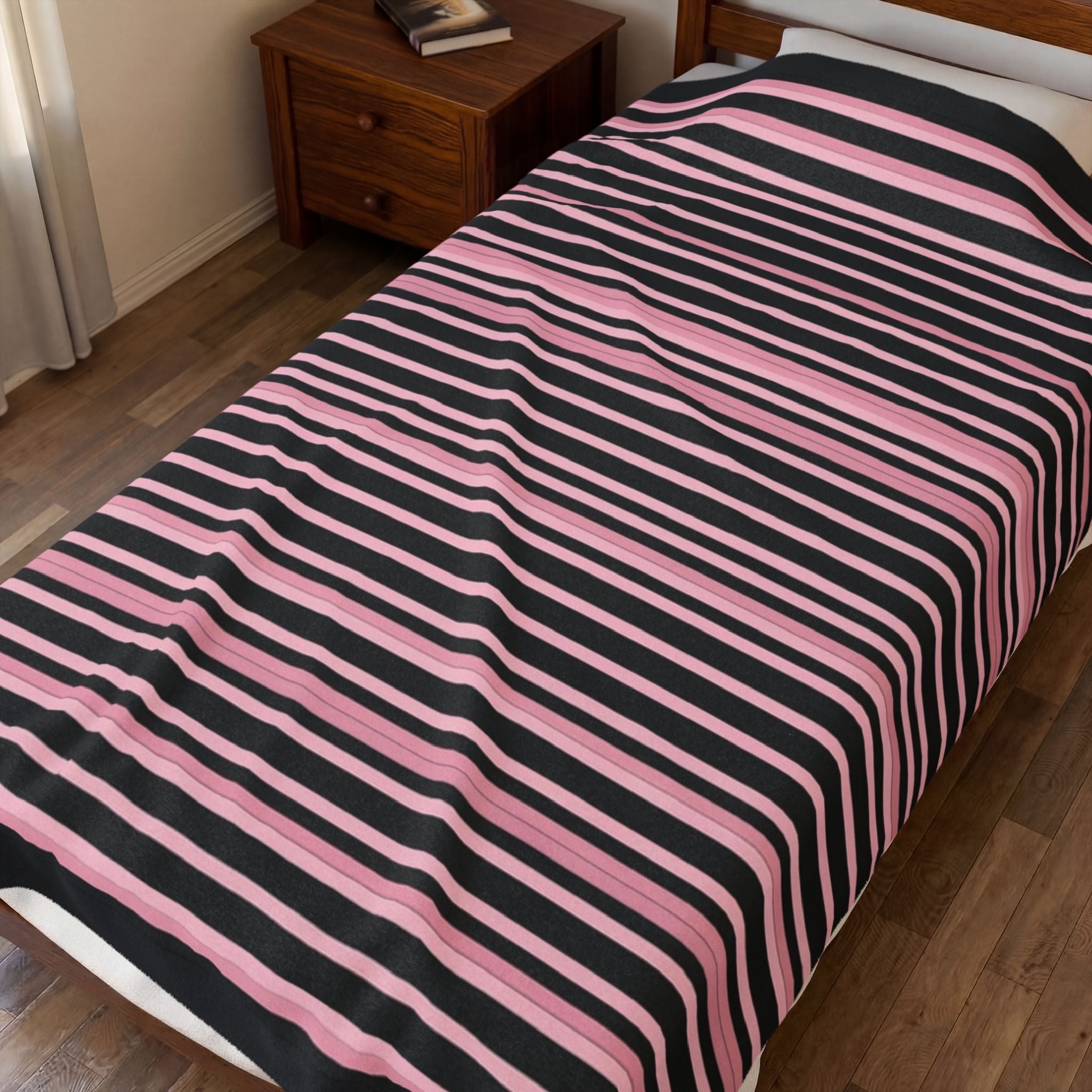 Pink & Black Striped Plush Blanket — Cozy Velveteen Throw for Home, Bedroom, Nursery