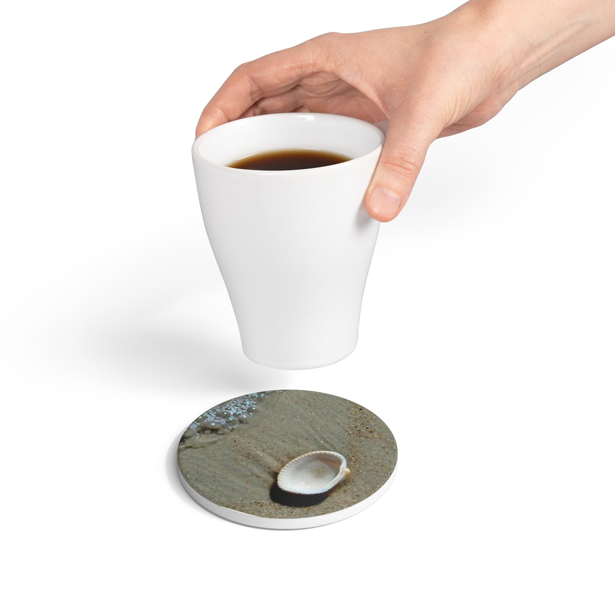 Seashell on Sand Ceramic Coaster — Beach Shoreline Drink Coaster