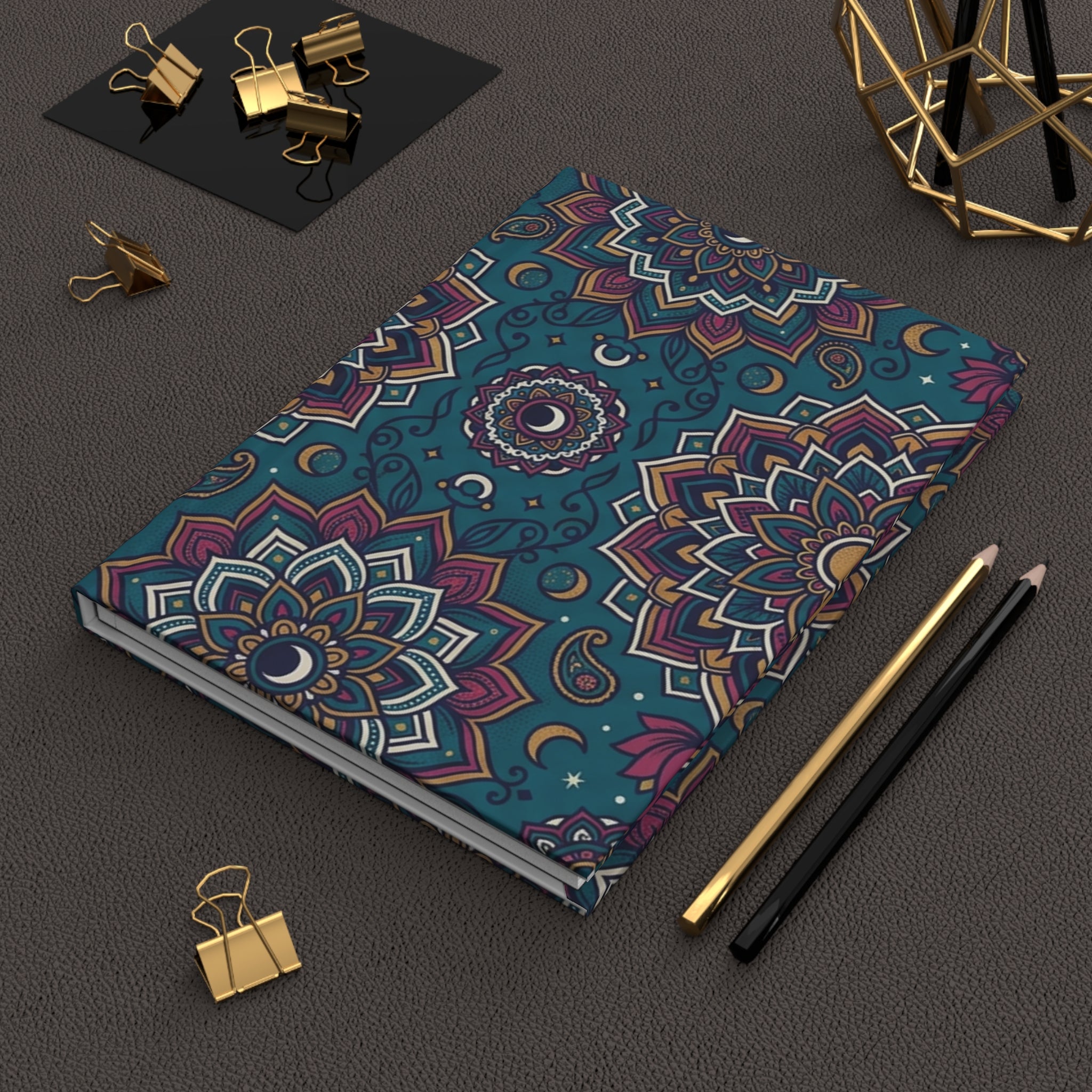 Boho Moon Mandala Hardcover Journal — Matte Teal Floral Notebook for Yoga, Meditation & Spiritual Gifts