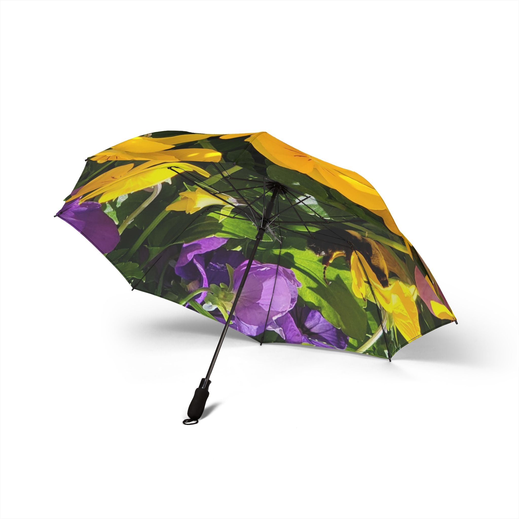 Foldable Umbrella — Bright Yellow & Purple Floral Print, Semi‑Automatic Travel Umbrella