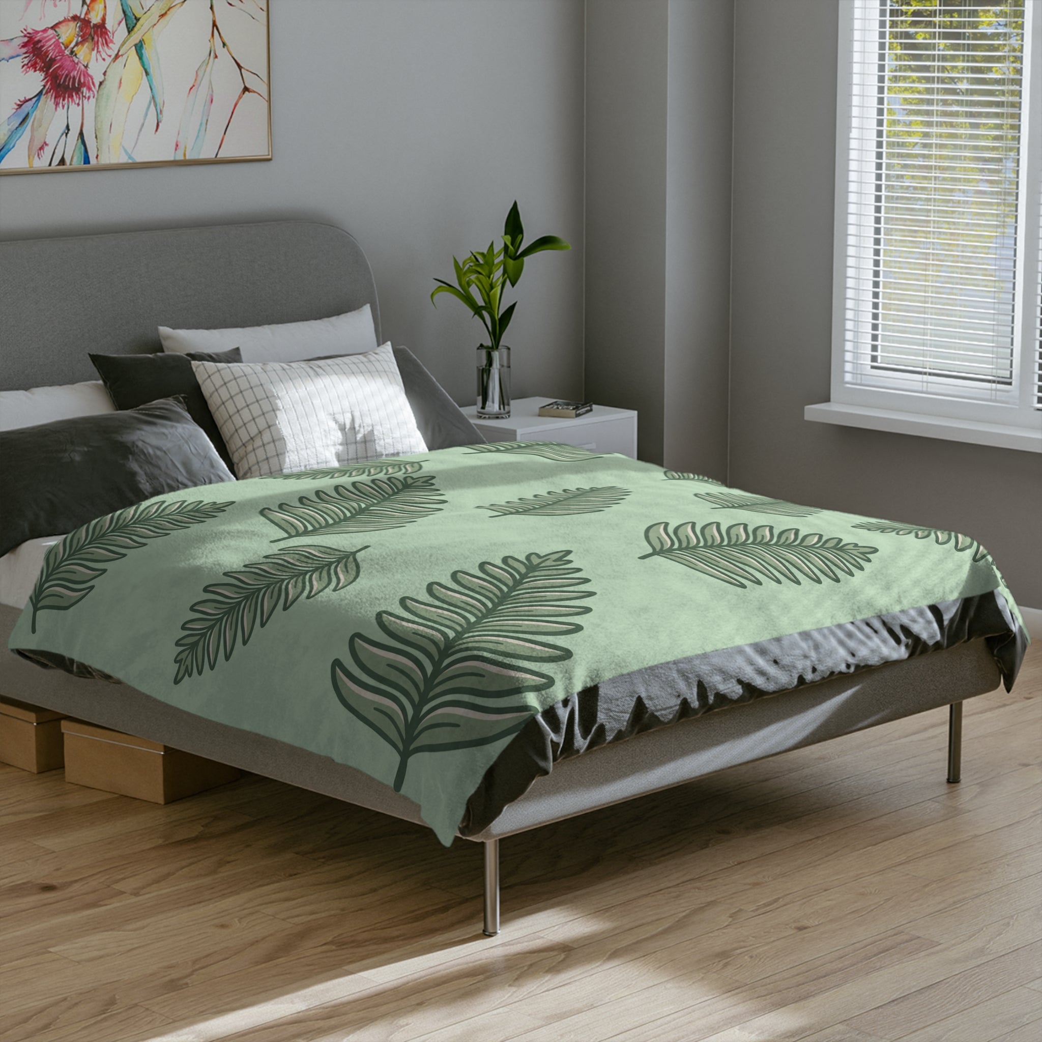 Velveteen Microfiber Blanket — Sage Green Tropical Fern Throw