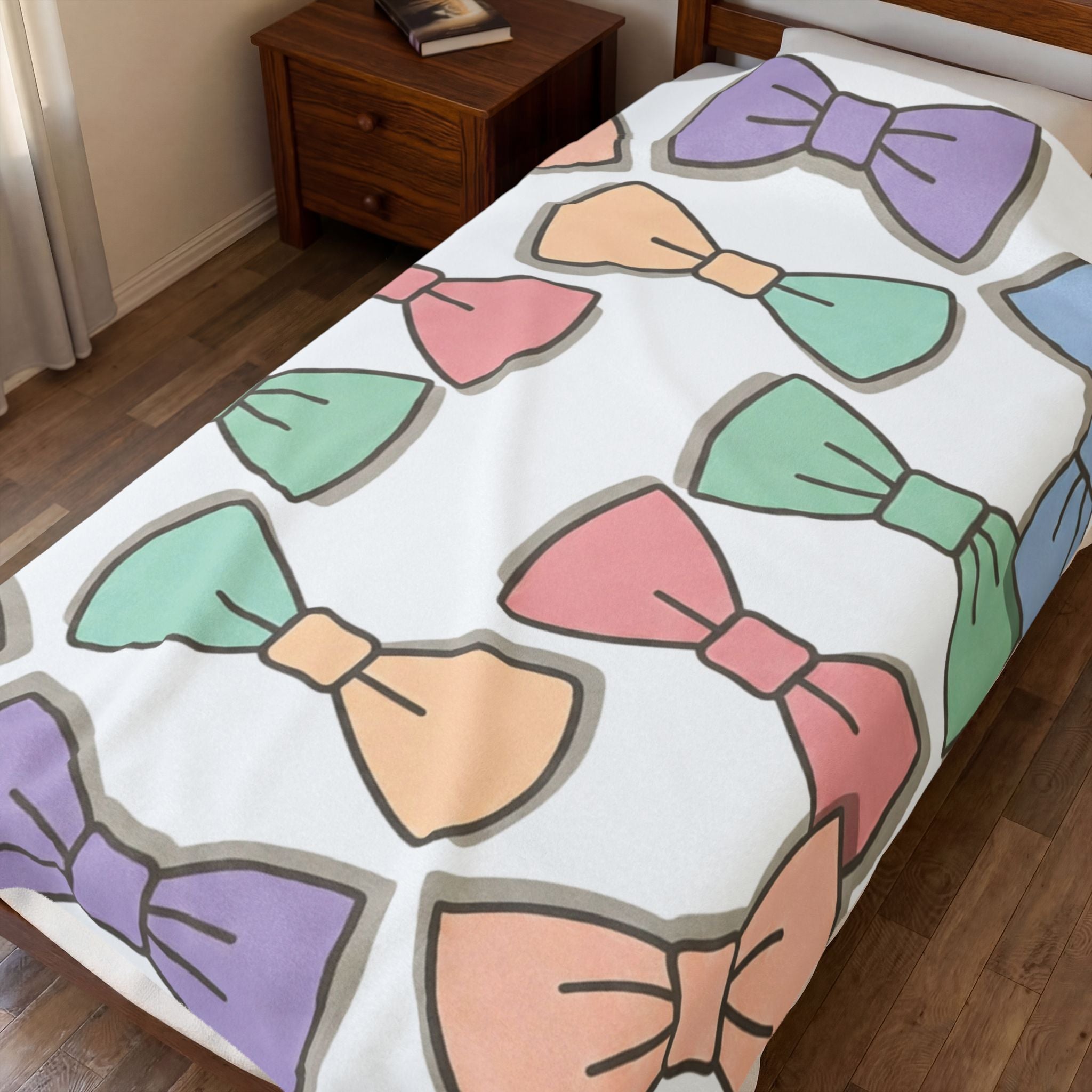 Pastel Bow Pattern Velveteen Plush Blanket — Soft Decorative Throw for Kids & Nursery