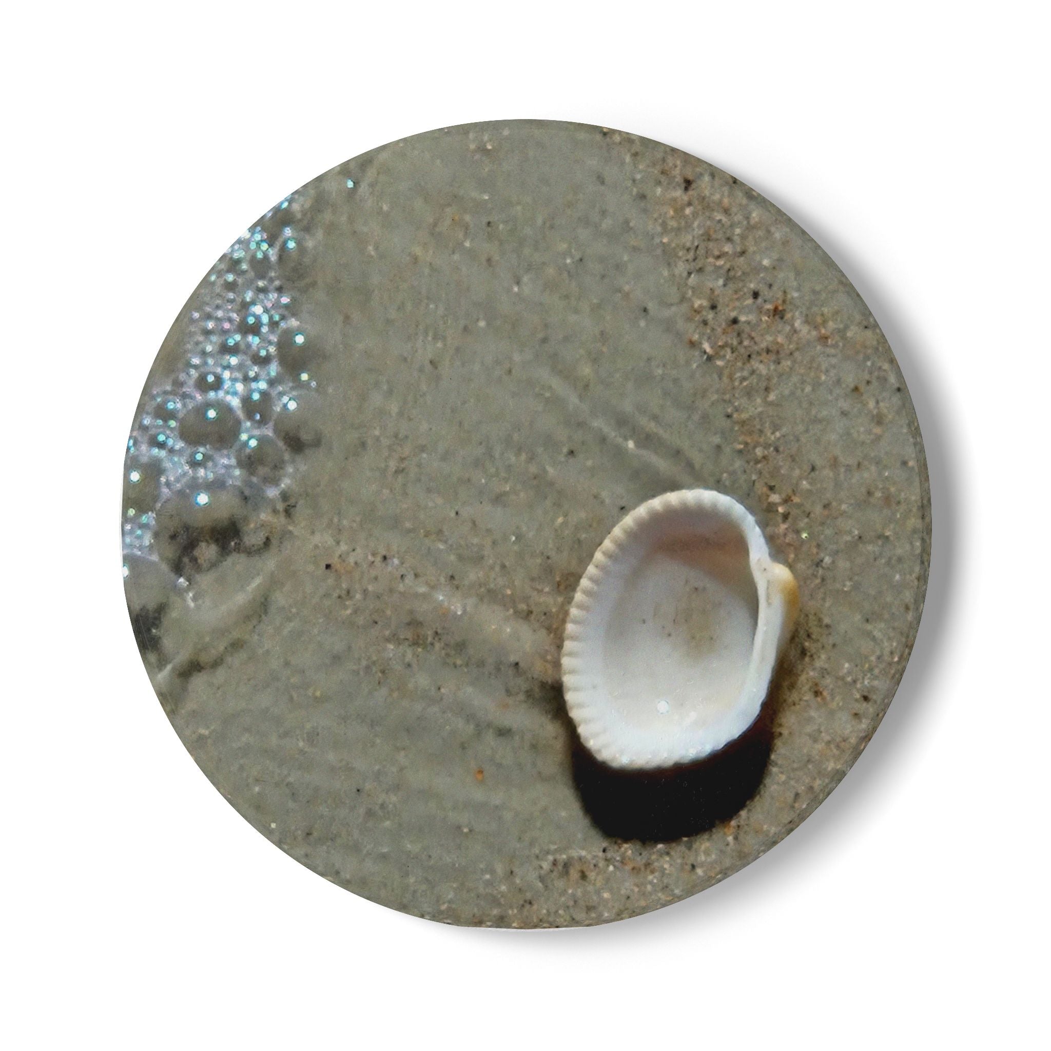 Seashell on Sand Ceramic Coaster — Beach Shoreline Drink Coaster