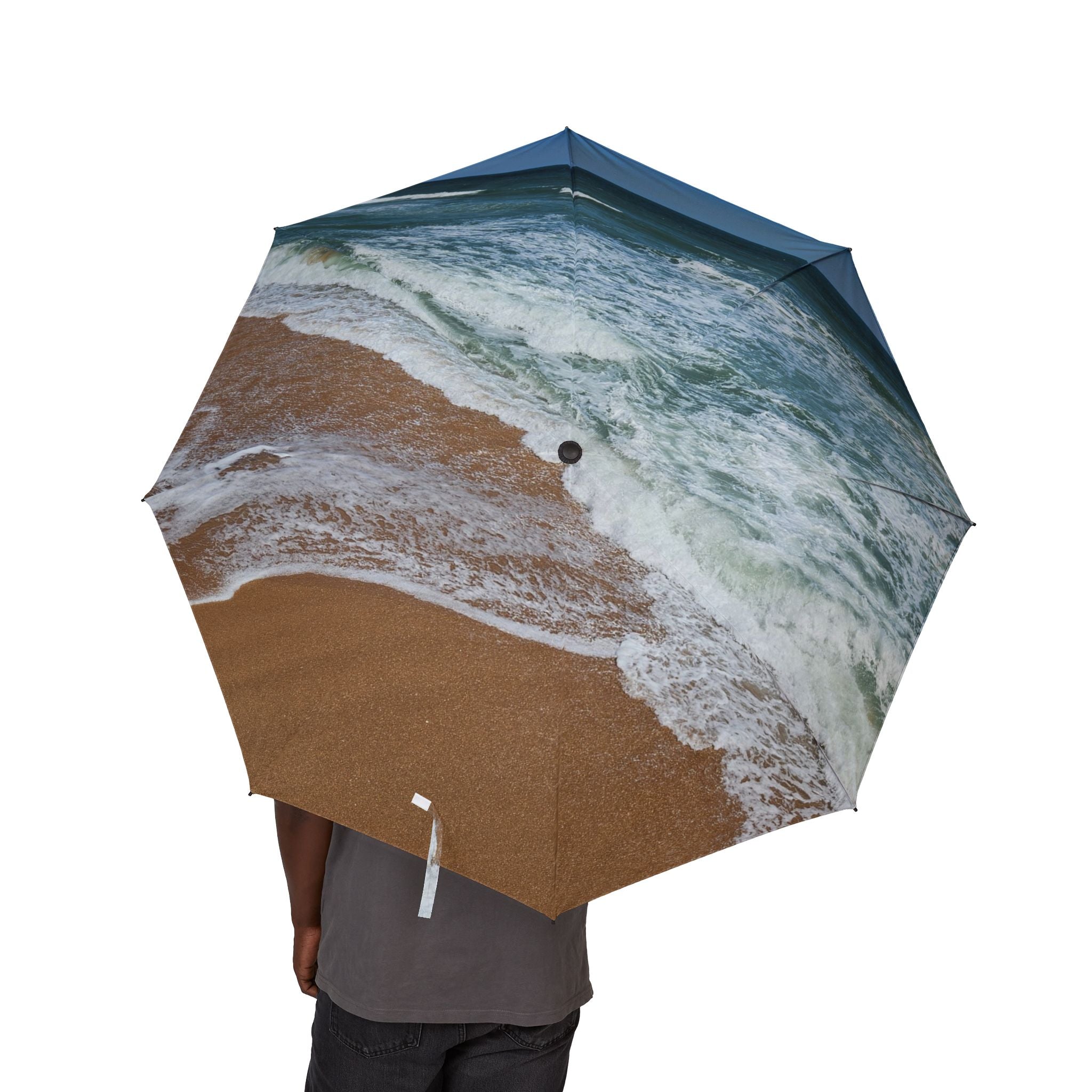 Foldable Semi-Automatic Umbrella — Elegant Teal Swirl Pattern, Compact Travel Rain Umbrella
