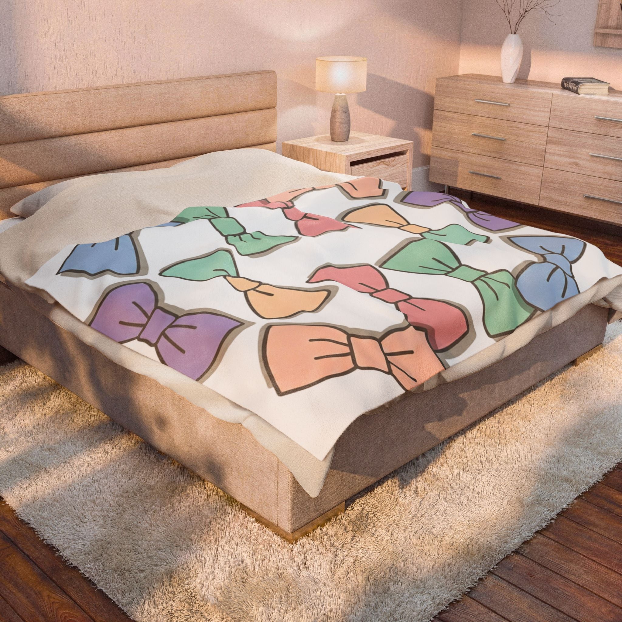 Pastel Bow Pattern Velveteen Plush Blanket — Soft Decorative Throw for Kids & Nursery