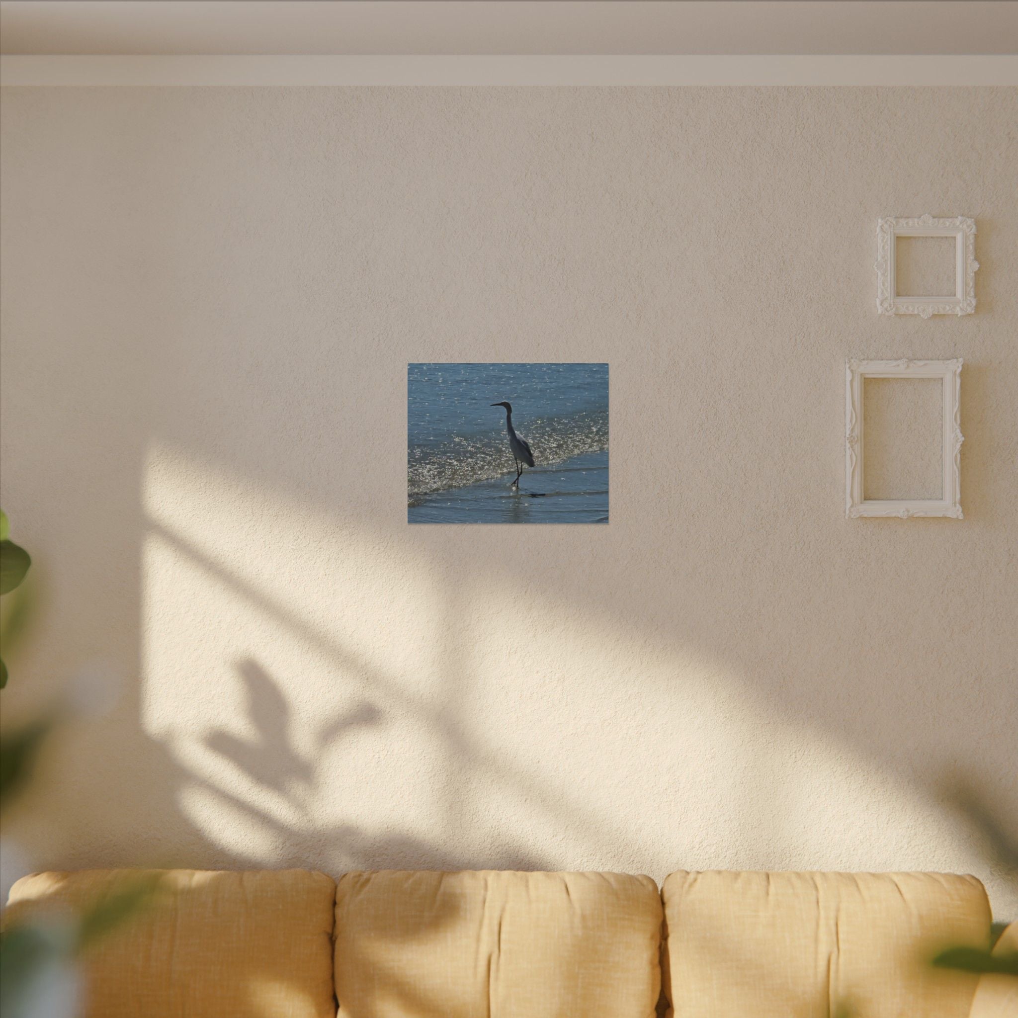 Egret on Shore Matte Stretched Canvas — Coastal Bird Wall Art
