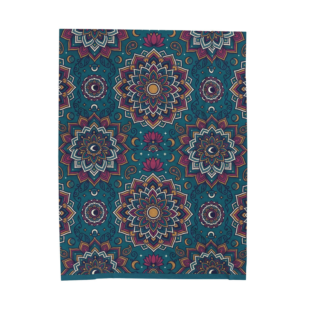 Velveteen Plush Blanket — Boho Teal Mandala Throw, Soft Cozy Decorative Bed & Sofa Blanket