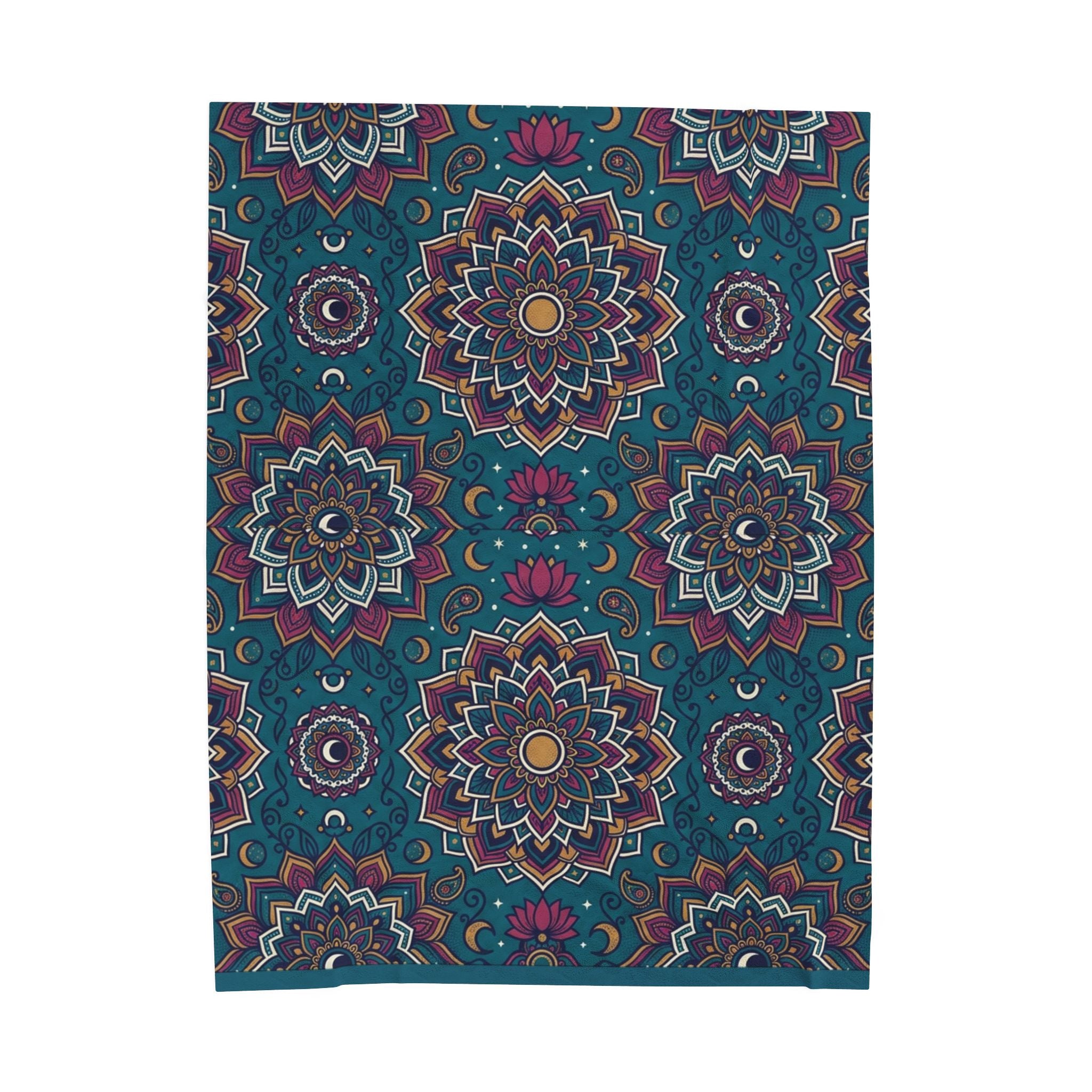 Velveteen Plush Blanket — Boho Teal Mandala Throw, Soft Cozy Decorative Bed & Sofa Blanket