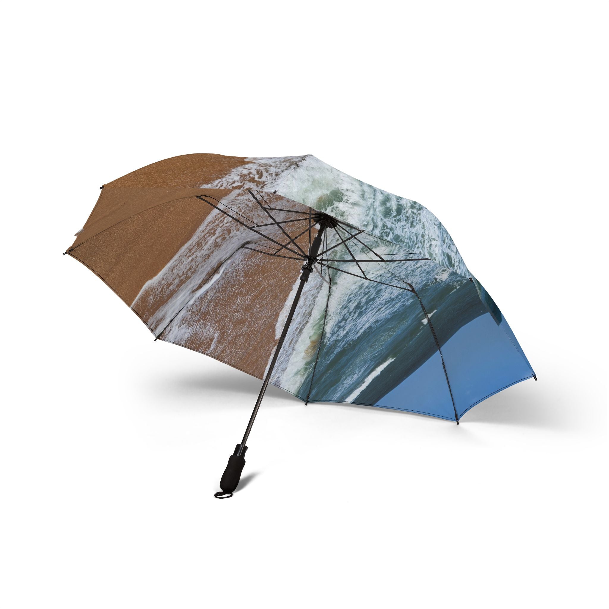 Foldable Semi-Automatic Umbrella — Elegant Teal Swirl Pattern, Compact Travel Rain Umbrella