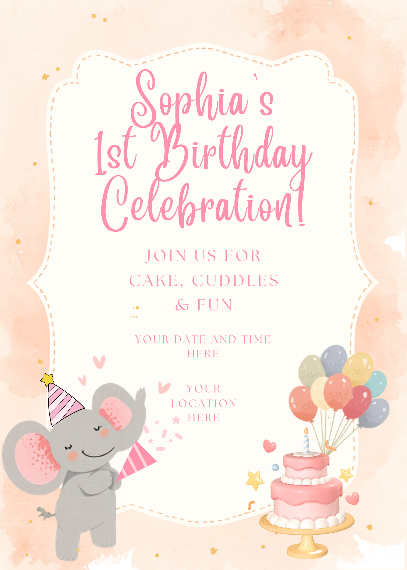 Digital product 1st BIRTHDAY INVITATION WITH ELEPHANT