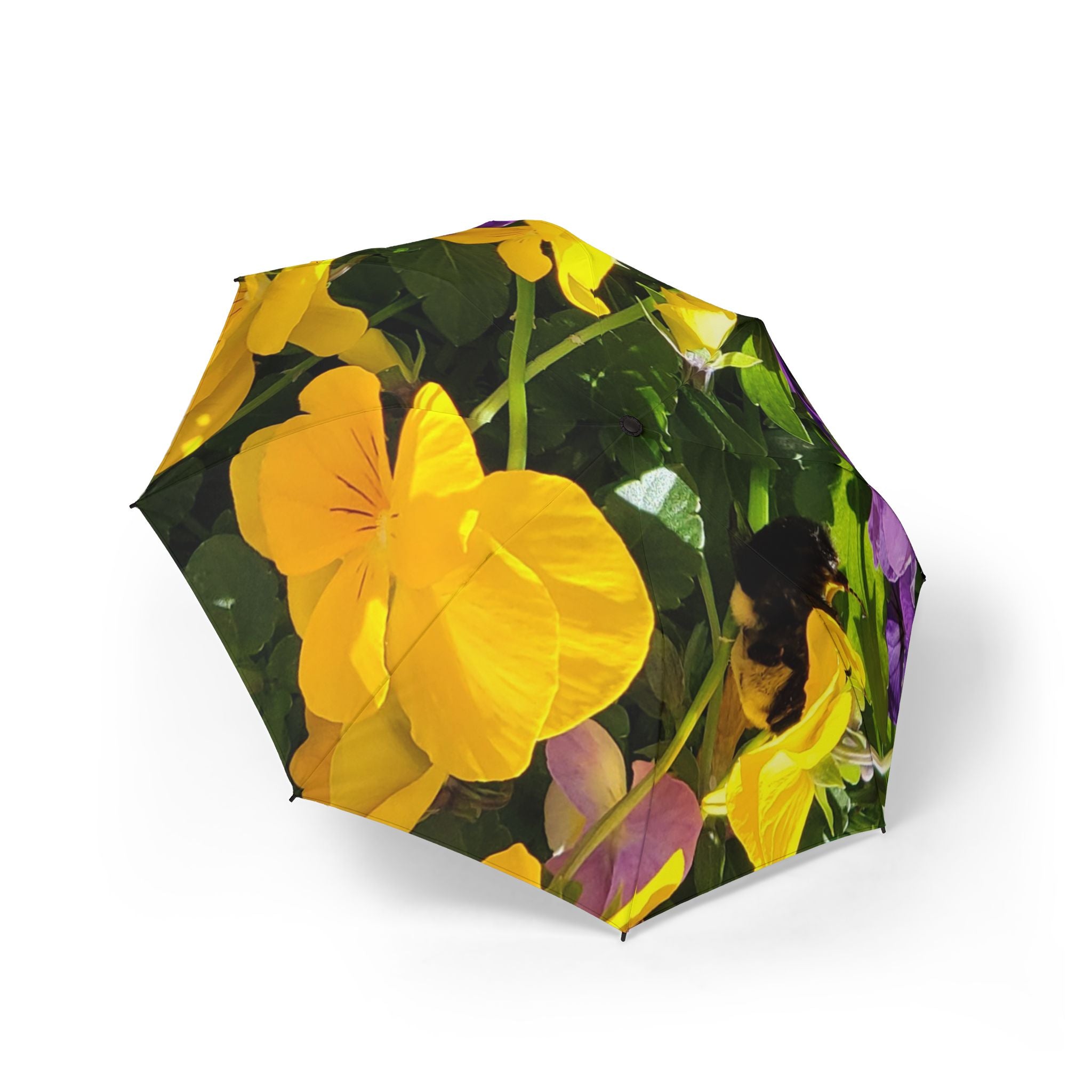 Foldable Umbrella — Bright Yellow & Purple Floral Print, Semi‑Automatic Travel Umbrella