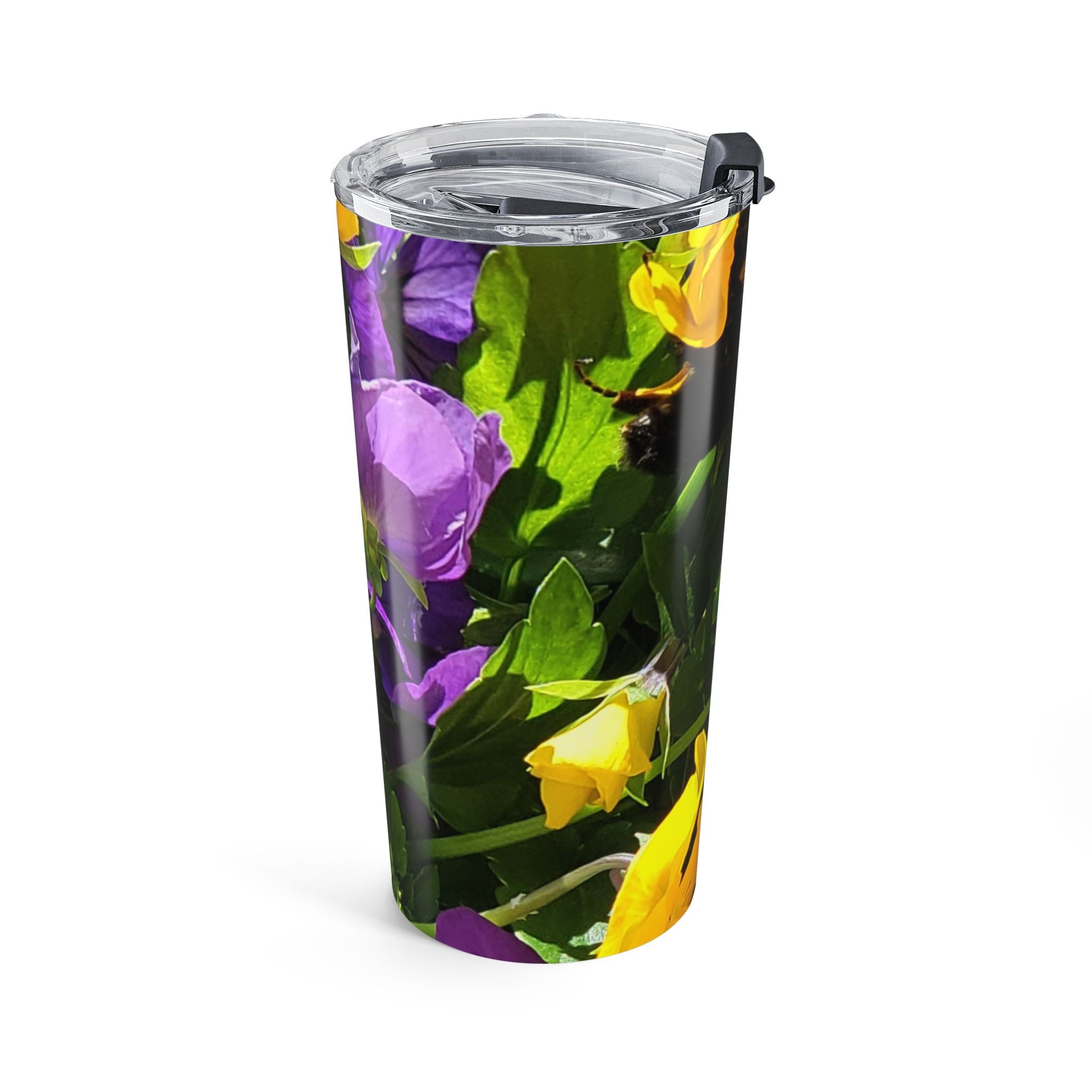 20oz Floral Tumbler — Yellow & Purple Pansy Design, Insulated Travel Cup