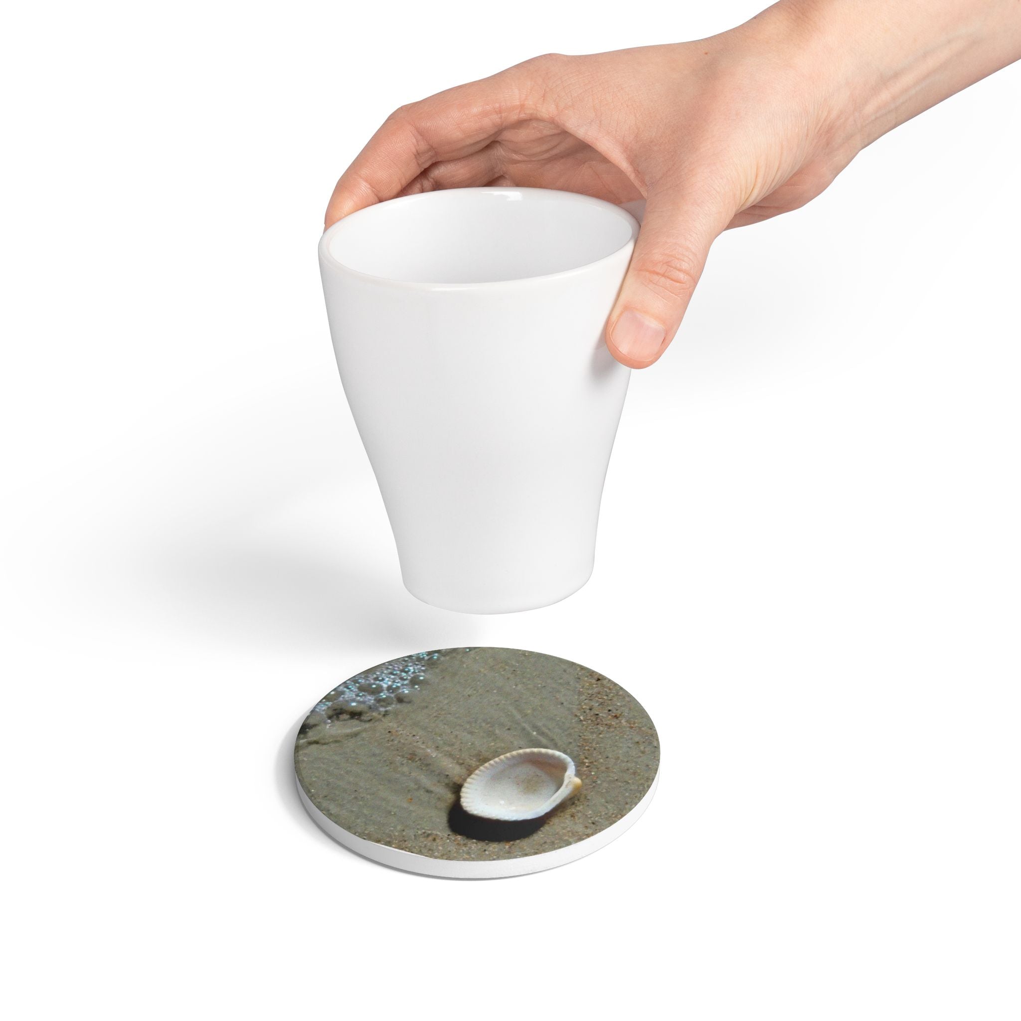 Seashell on Sand Ceramic Coaster — Beach Shoreline Drink Coaster