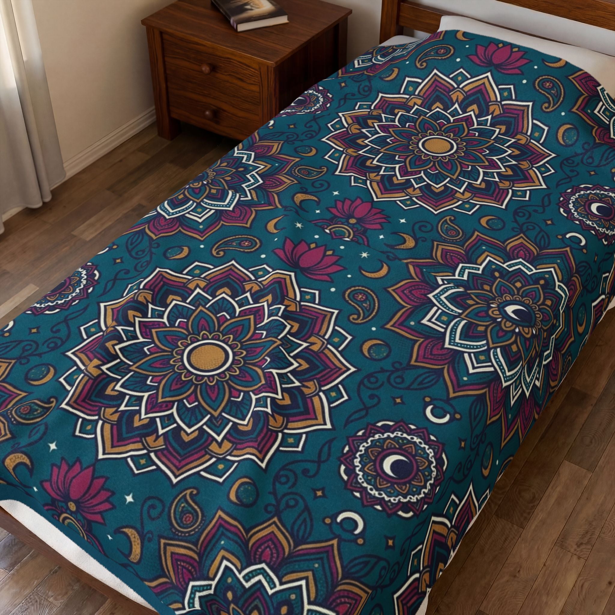 Velveteen Plush Blanket — Boho Teal Mandala Throw, Soft Cozy Decorative Bed & Sofa Blanket