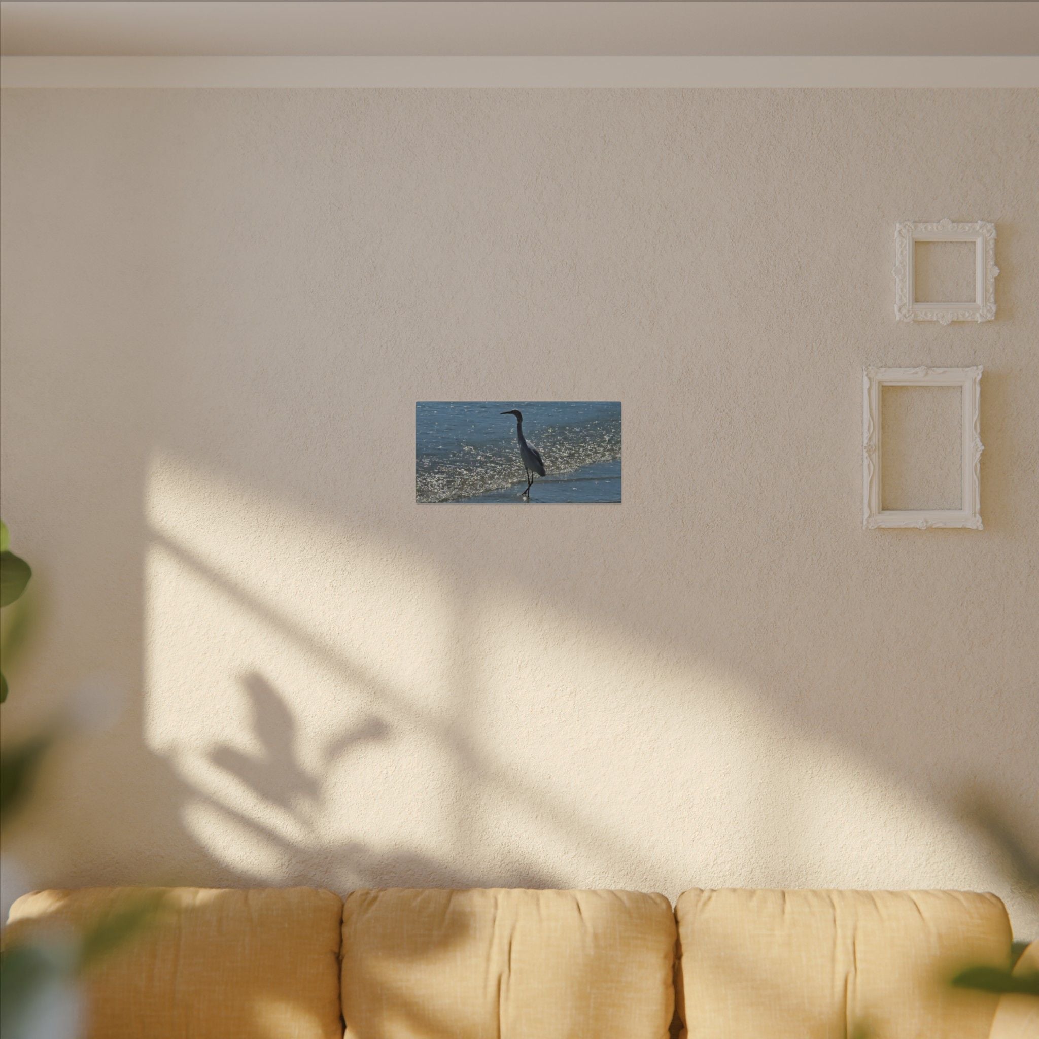Egret on Shore Matte Stretched Canvas — Coastal Bird Wall Art