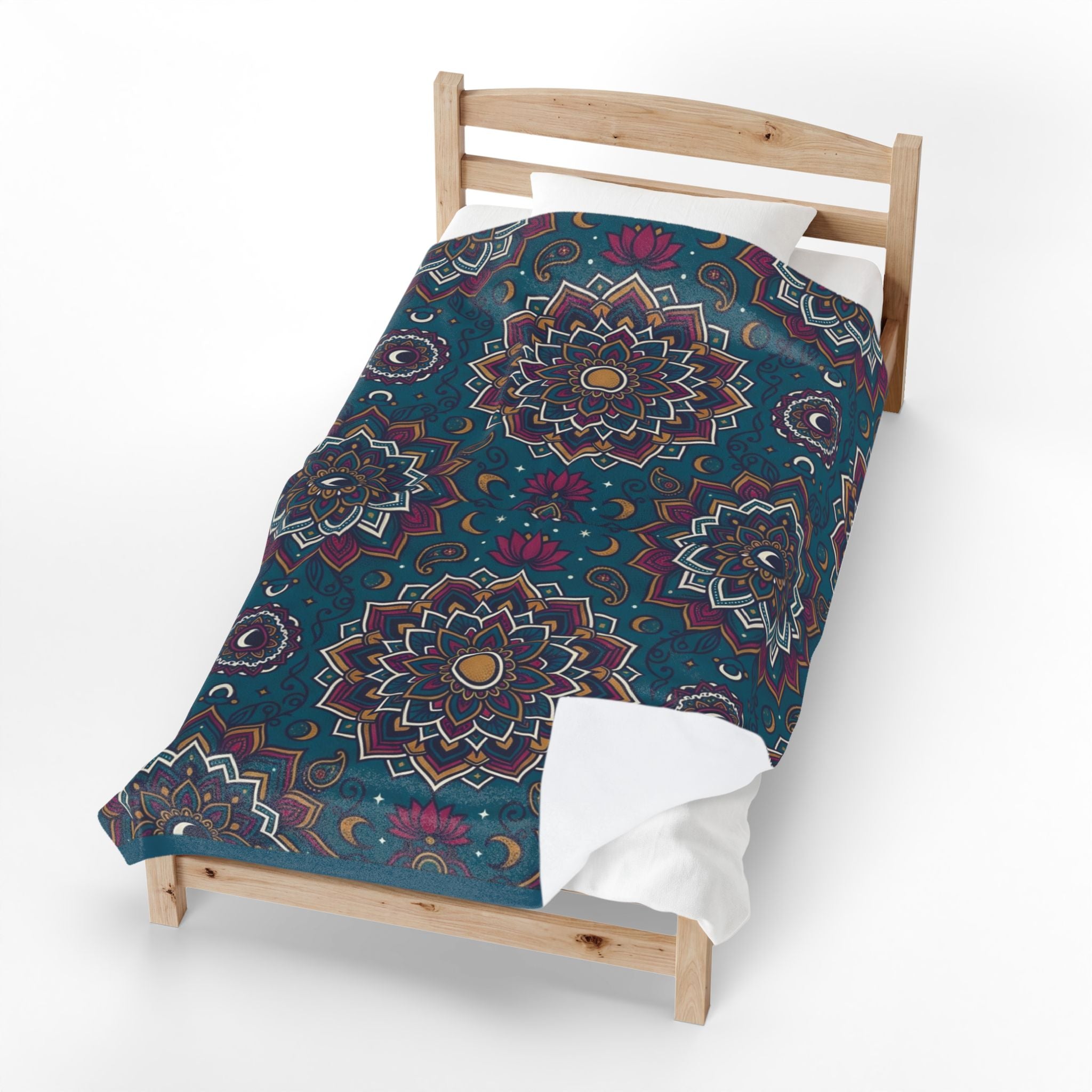 Velveteen Plush Blanket — Boho Teal Mandala Throw, Soft Cozy Decorative Bed & Sofa Blanket