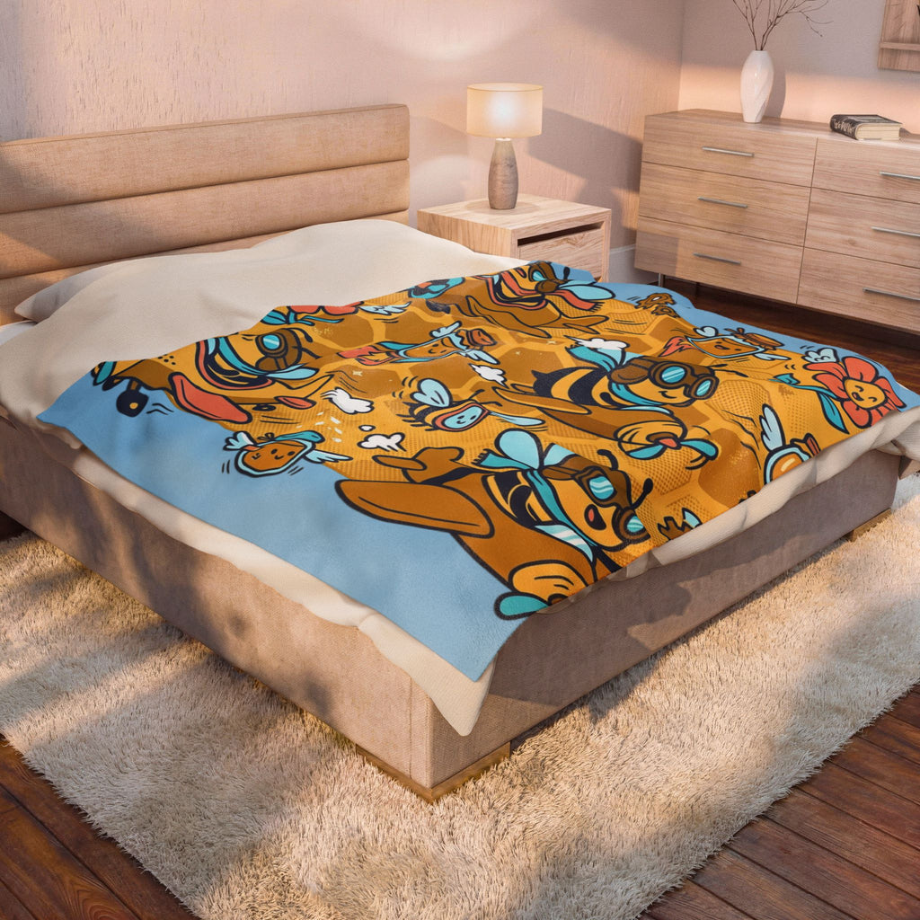 Plush Blanket — Cute Bee & Honey Cartoon Velveteen Throw