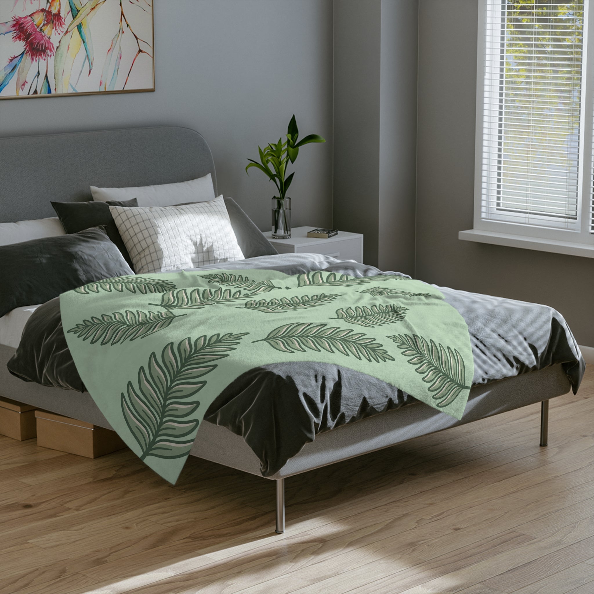 Velveteen Microfiber Blanket — Sage Green Tropical Fern Throw