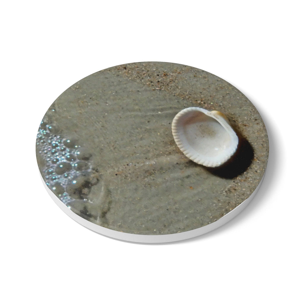 Seashell on Sand Ceramic Coaster — Beach Shoreline Drink Coaster