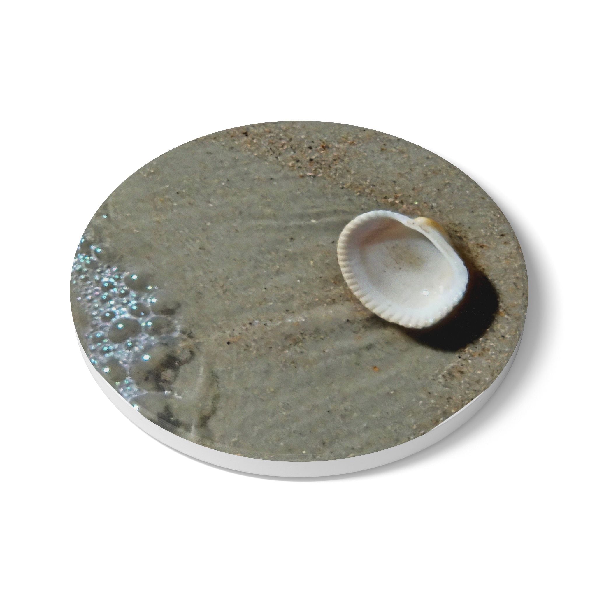 Seashell on Sand Ceramic Coaster — Beach Shoreline Drink Coaster