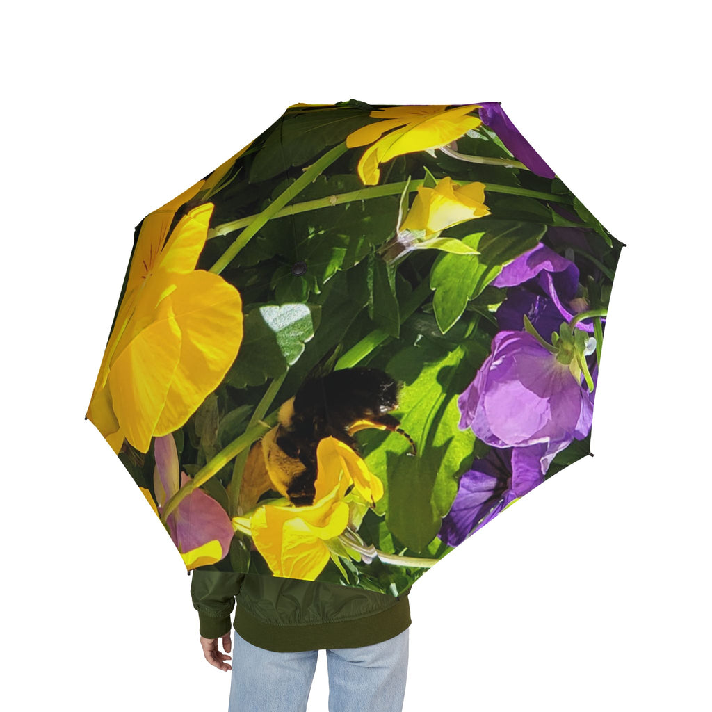 Foldable Umbrella — Bright Yellow & Purple Floral Print, Semi‑Automatic Travel Umbrella