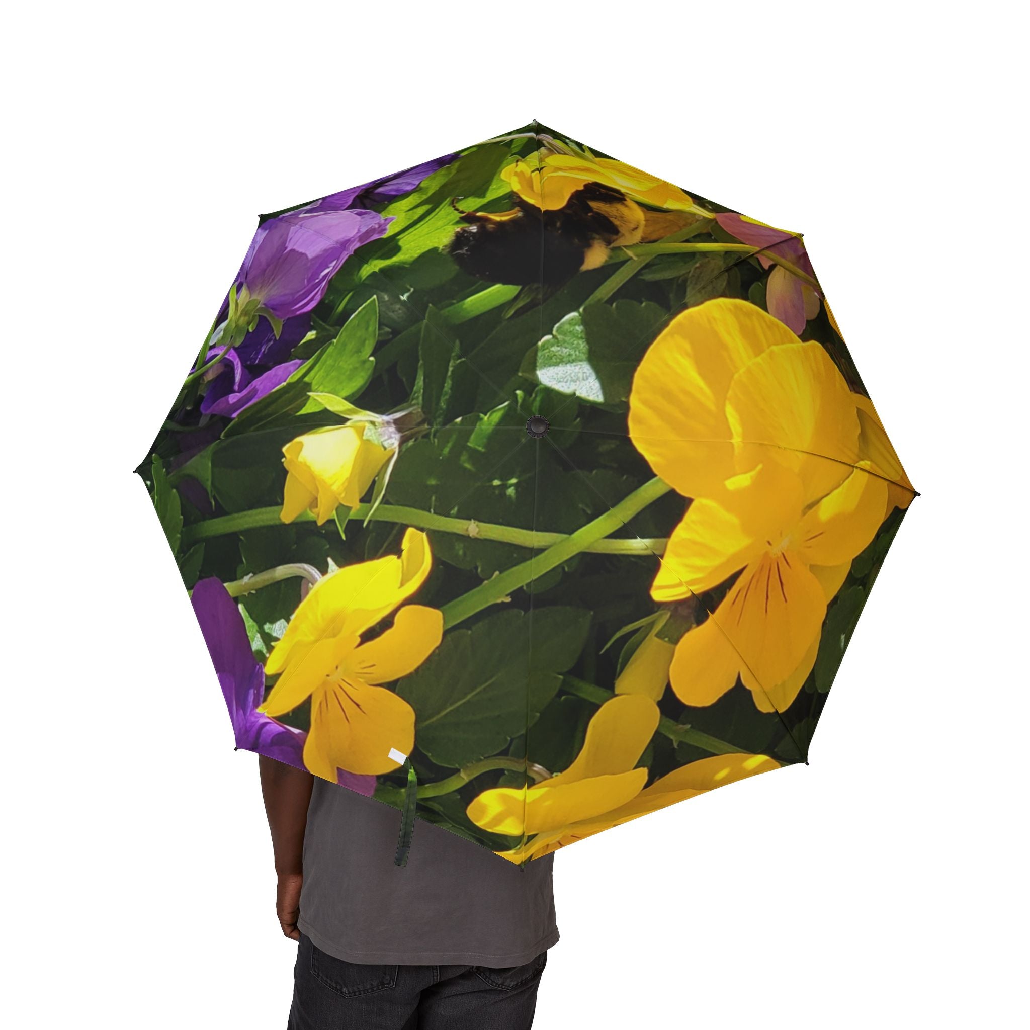 Foldable Umbrella — Bright Yellow & Purple Floral Print, Semi‑Automatic Travel Umbrella