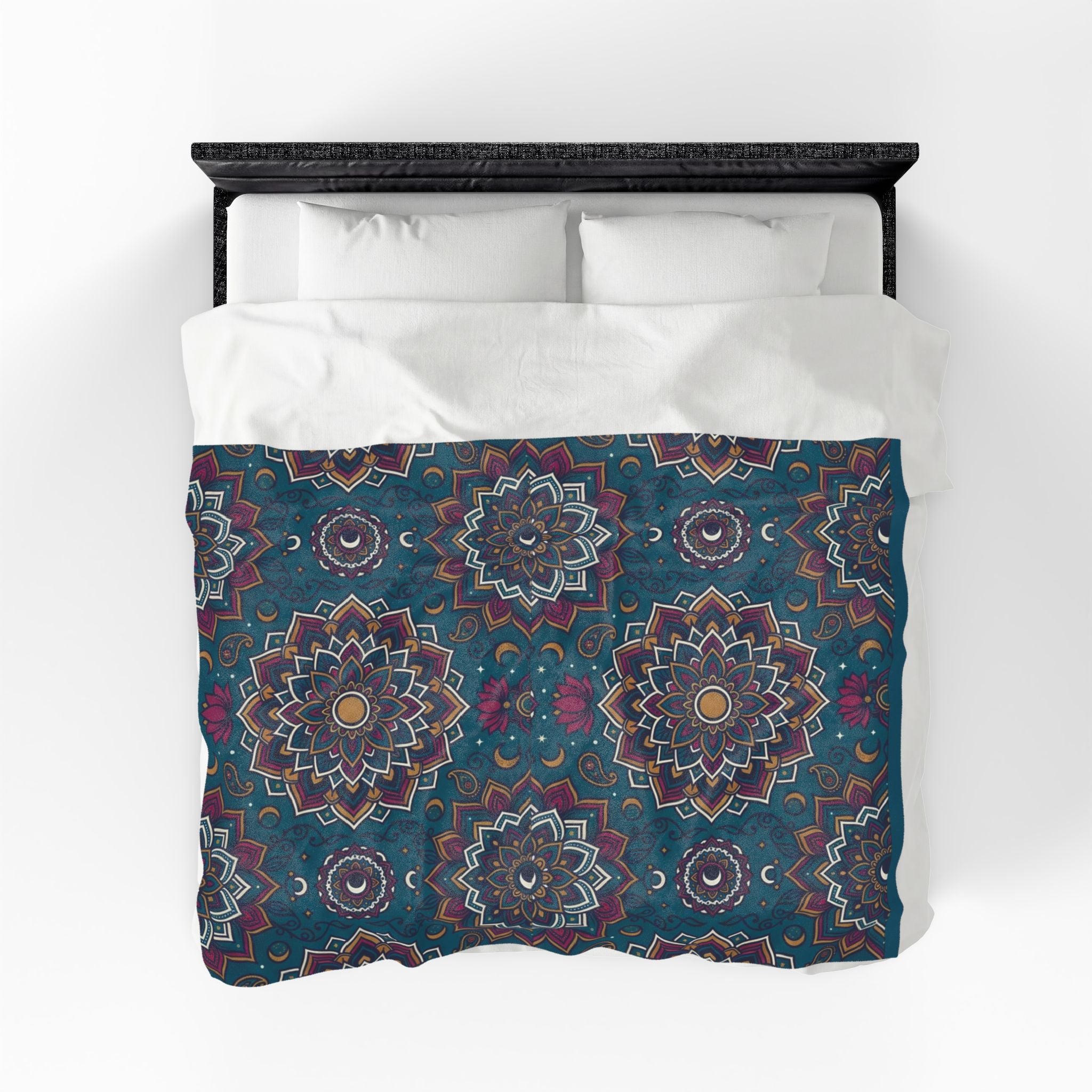 Velveteen Plush Blanket — Boho Teal Mandala Throw, Soft Cozy Decorative Bed & Sofa Blanket