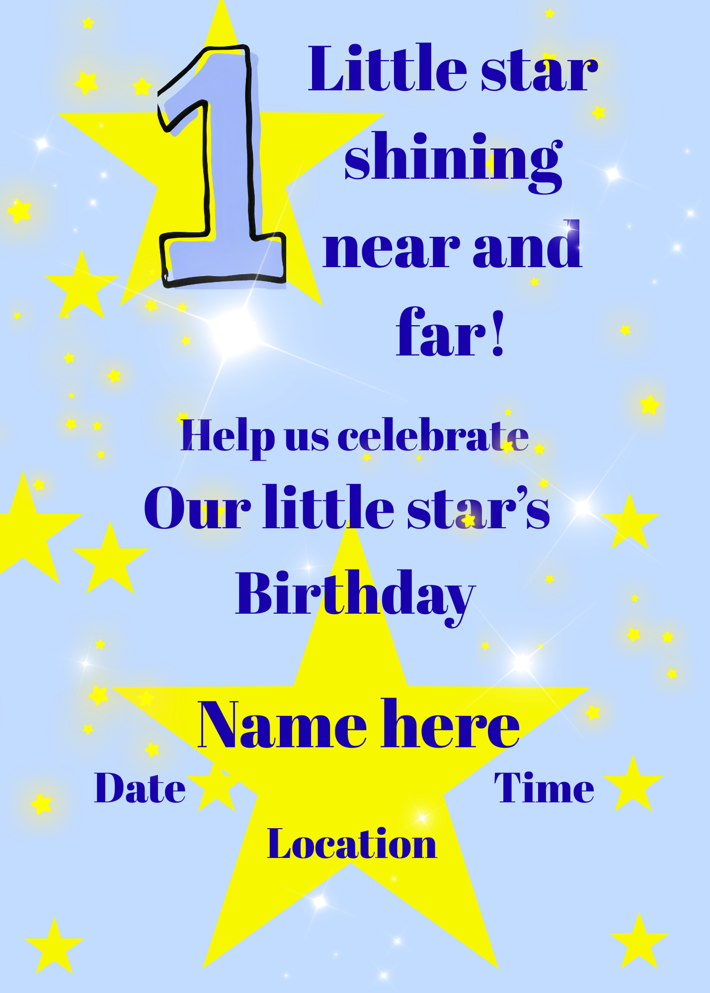 Digital product 1 shining star birthday invitation