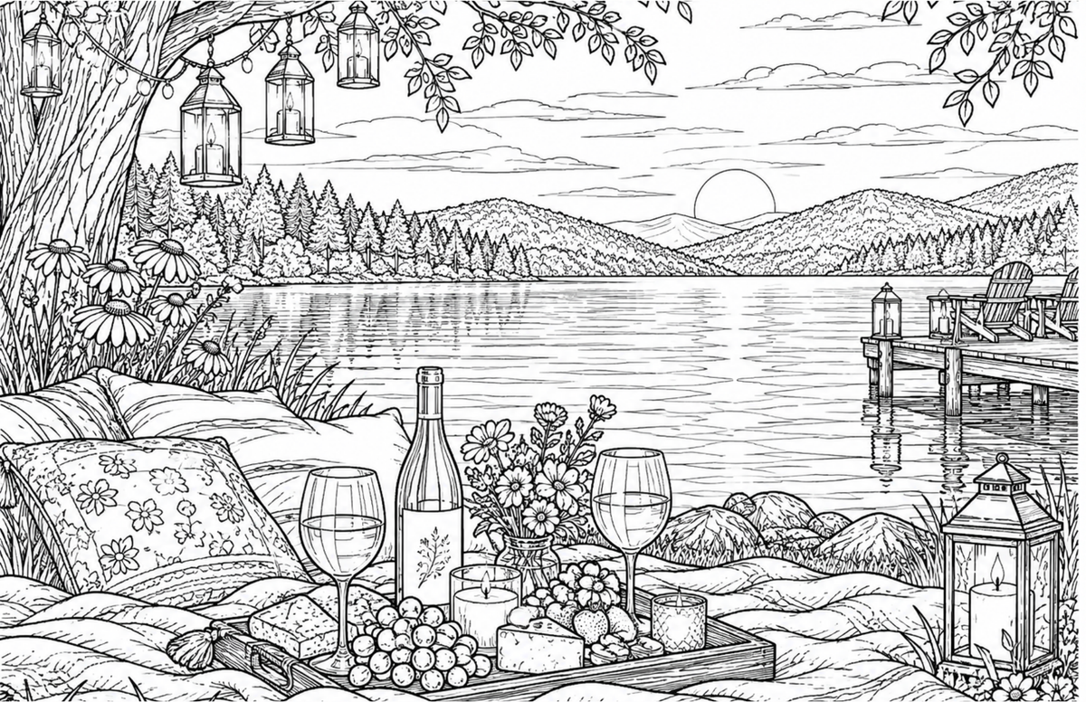 Digital product ROMANCE AT THE LAKE COLORING SHEET