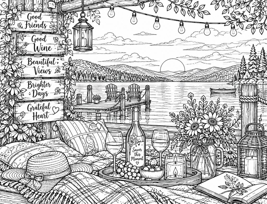 Digital product WINE TIME AT THE LAKE -COLORING PAGE