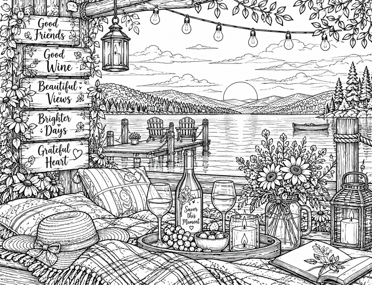 Digital product WINE TIME AT THE LAKE -COLORING PAGE