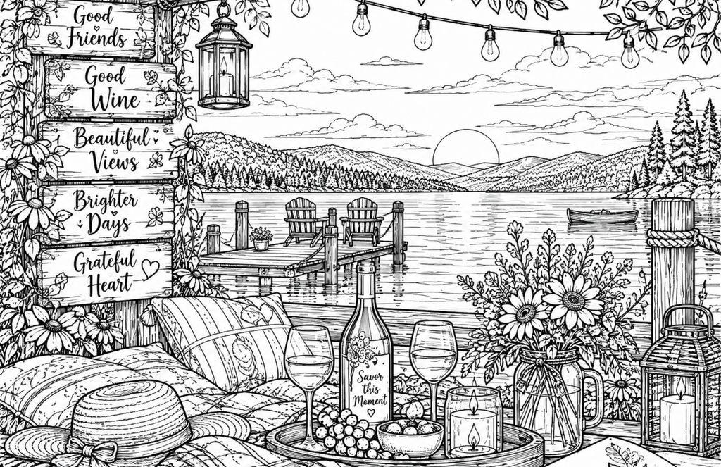 Digital product WINE TIME AT THE LAKE -COLORING PAGE