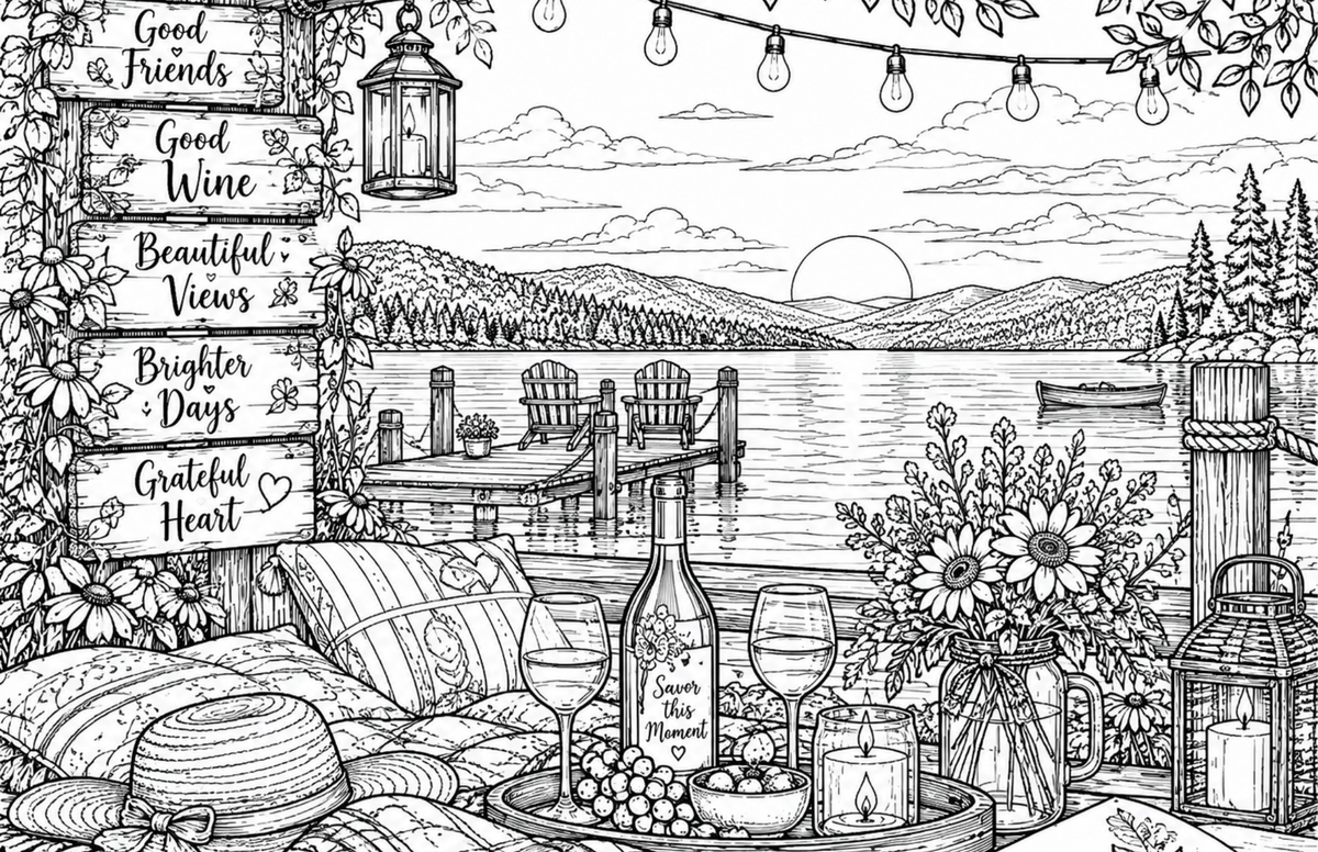Digital product WINE TIME AT THE LAKE -COLORING PAGE